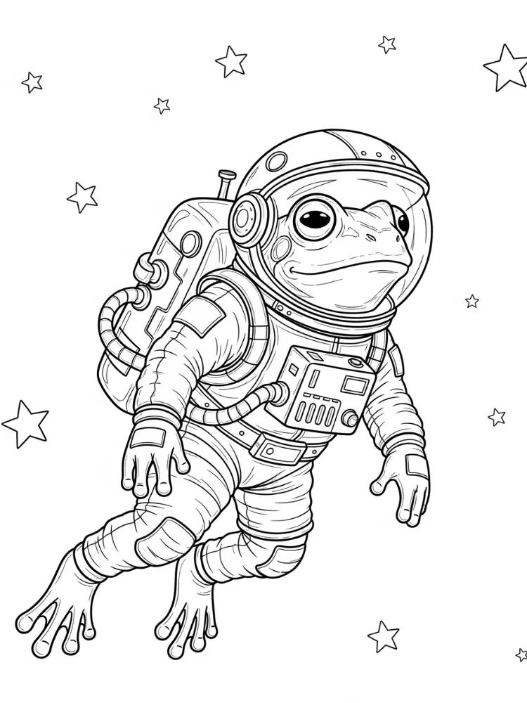 Kleurplaat Kikker 8 astronaut kikker in de ruimte kleurplaat