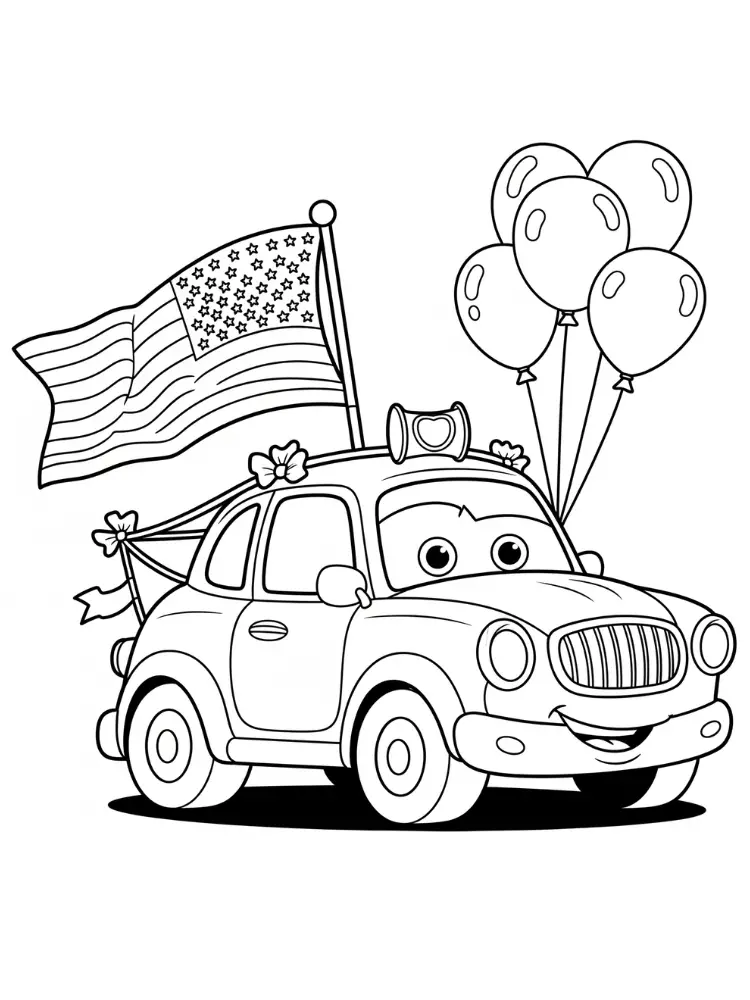 4th of July kleurplaat 9 auto met vlag en ballonnen kleurplaat