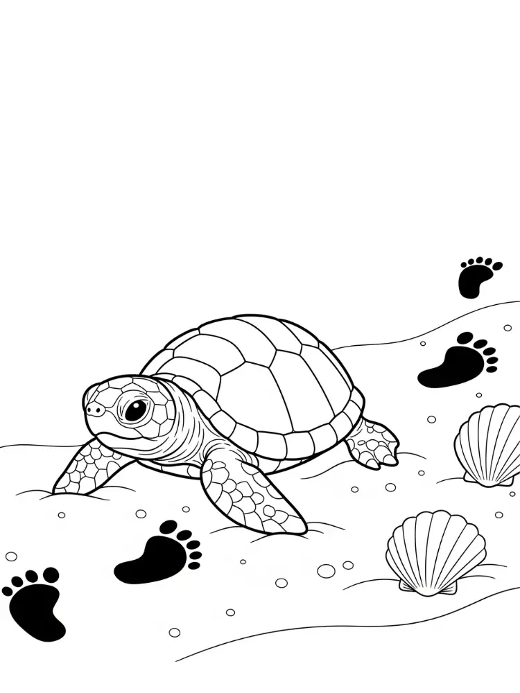 Kleurplaat van Strand 9 baby zeeschildpad op het strand met voetafdrukken kleurplaat