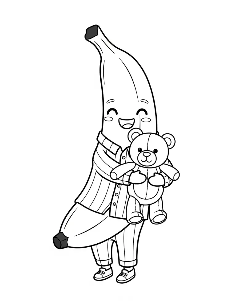Banaan Kleurplaat 8 banaan in pyjama met knuffelbeer kleurplaat