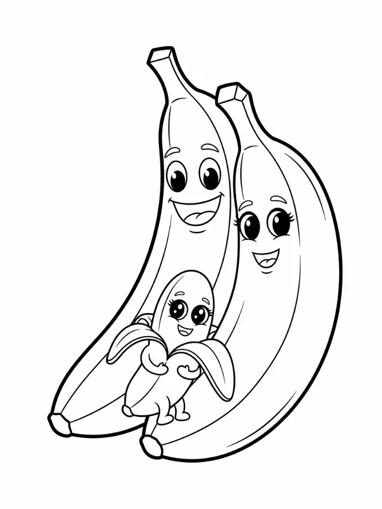 Banaan Kleurplaat 9 bananenfamilie met blije gezichtjes kleurplaat