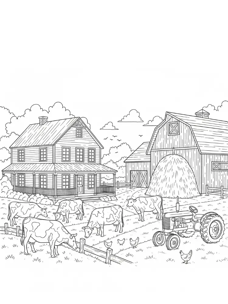 Kleurplaat Huis 9 boerderij met koeien en tractor kleurplaat