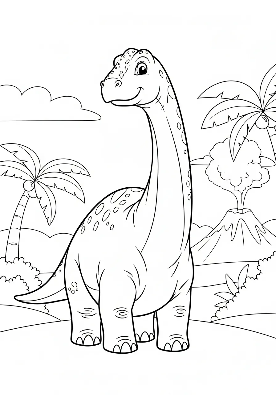 Kleurplaat Brontosaurus 9 brontosaurus bij palmbomen en vulkanen Kleurplaat