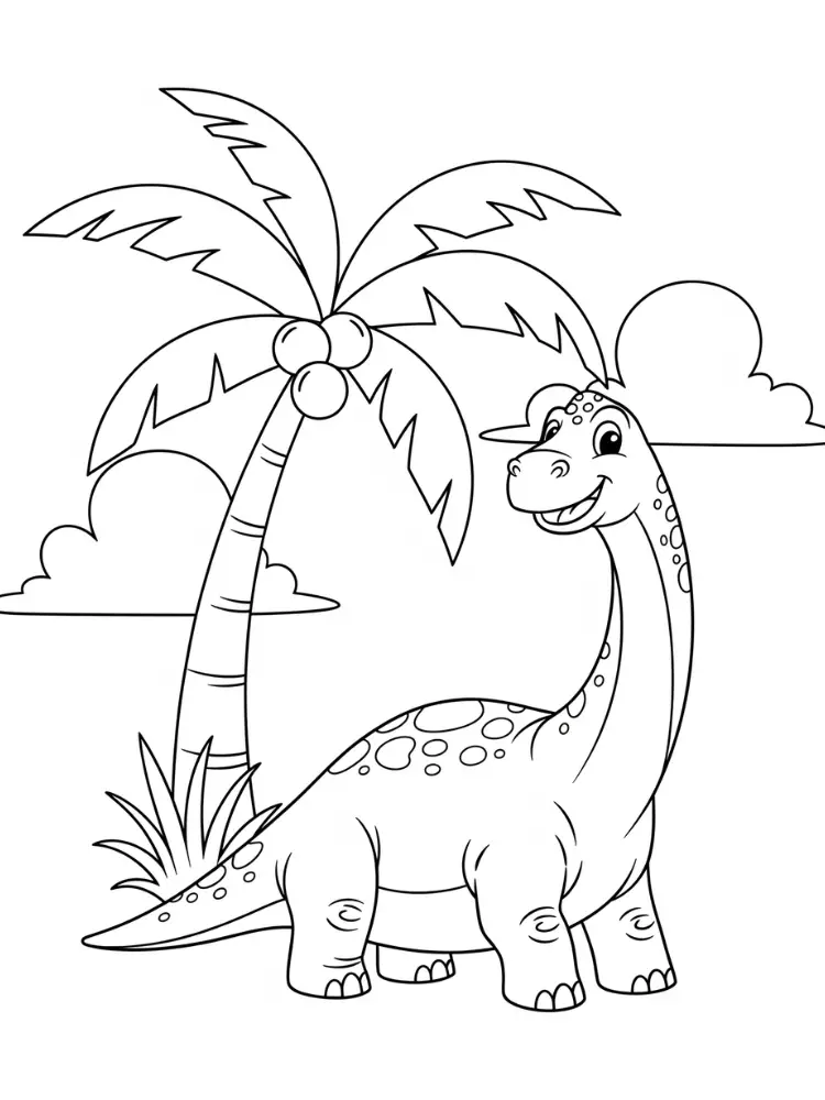 Kleurplaat Brontosaurus 9 brontosaurus bij palmboom en wolken kleurplaat