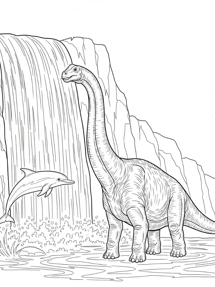 Kleurplaat Brontosaurus 11 brontosaurus bij waterval en dolfijn kleurplaat