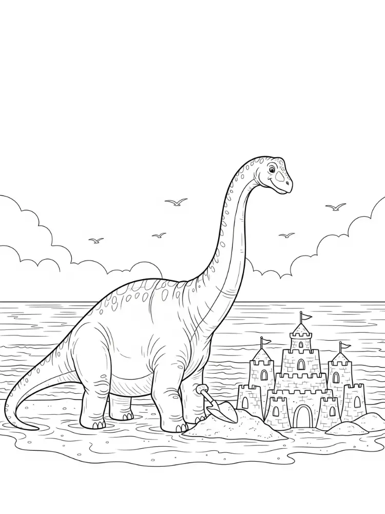 Kleurplaat Brontosaurus 12 brontosaurus bouwt zandkasteel op strand kleurplaat