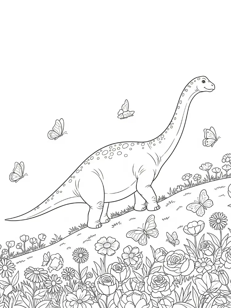 Kleurplaat Brontosaurus 29 brontosaurus in bloementuin kleurplaat