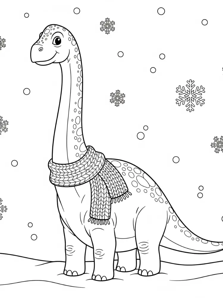 Kleurplaat Brontosaurus 28 brontosaurus in de sneeuw met sjaal kleurplaat