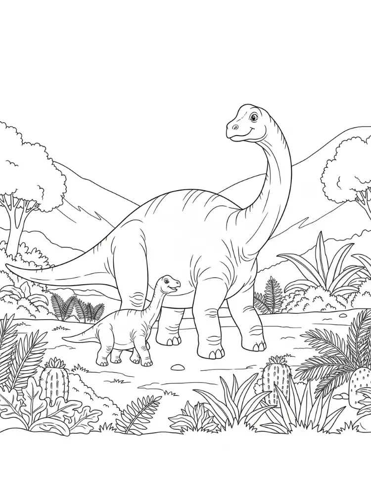 Kleurplaat Brontosaurus 27 brontosaurus met baby in jungle kleurplaat