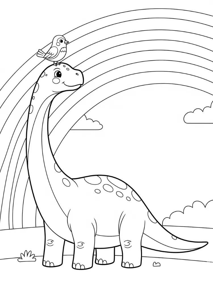 Kleurplaat Brontosaurus 22 brontosaurus met vogel en regenboog kleurplaat