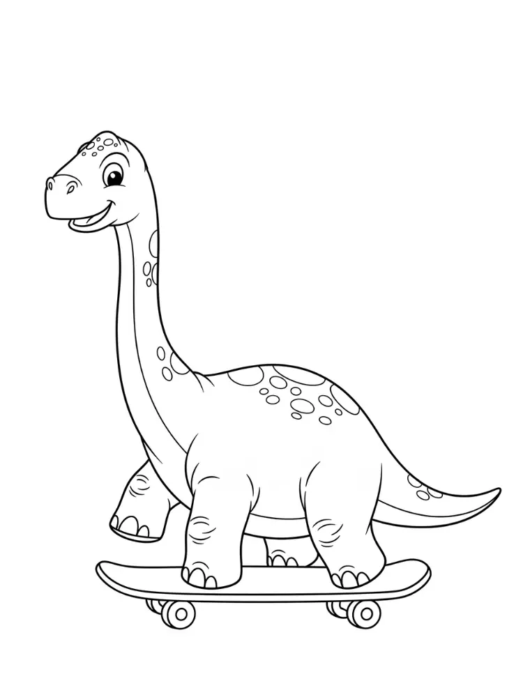Kleurplaat Brontosaurus 18 brontosaurus rijdt op skateboard kleurplaat