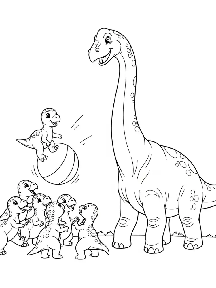 Kleurplaat Brontosaurus 17 brontosaurus speelt met dino kinderen kleurplaat