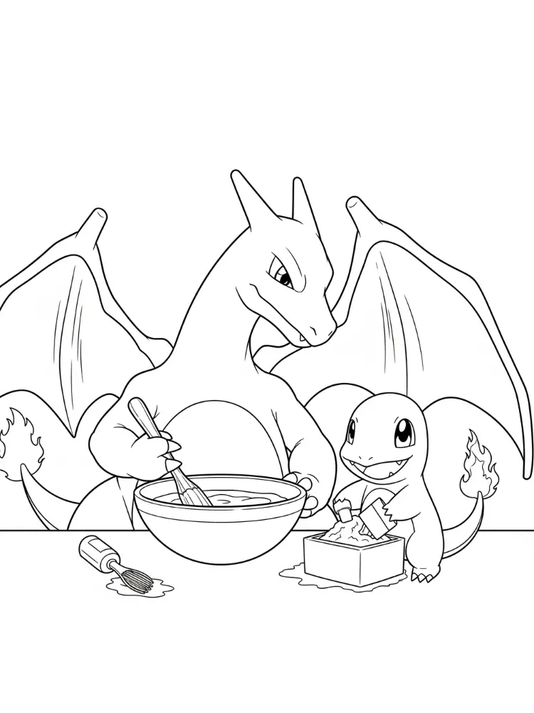 Charizard kleurplaat 10 charizard en charmander bakken samen taart kleurplaat
