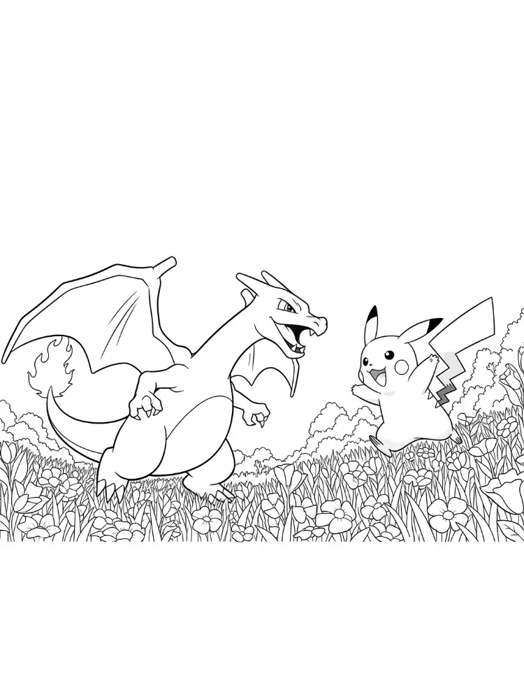 Charizard kleurplaat 12 charizard en pikachu in bloemenveld kleurplaat