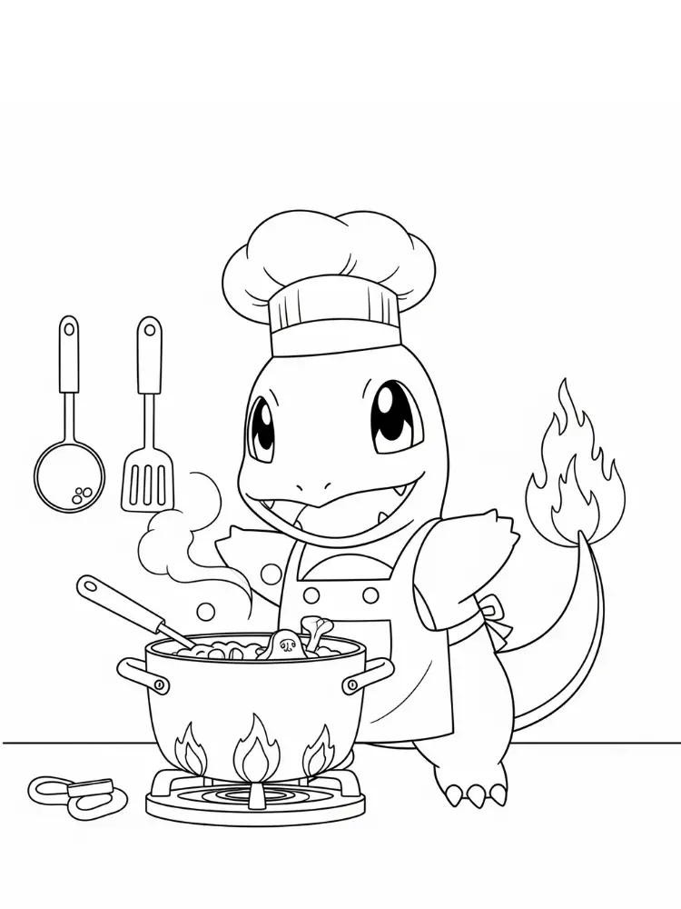 Charmander Kleurplaat 8 charmander als kok aan het koken kleurplaat
