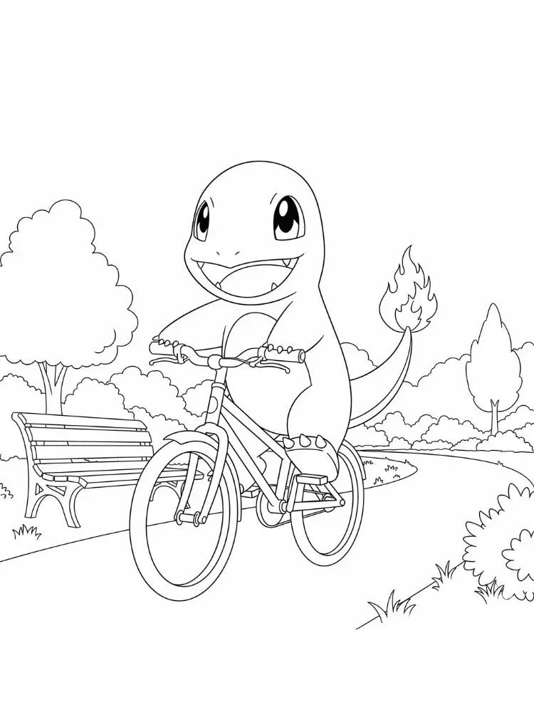 Charmander Kleurplaat 10 charmander fietst in het park kleurplaat