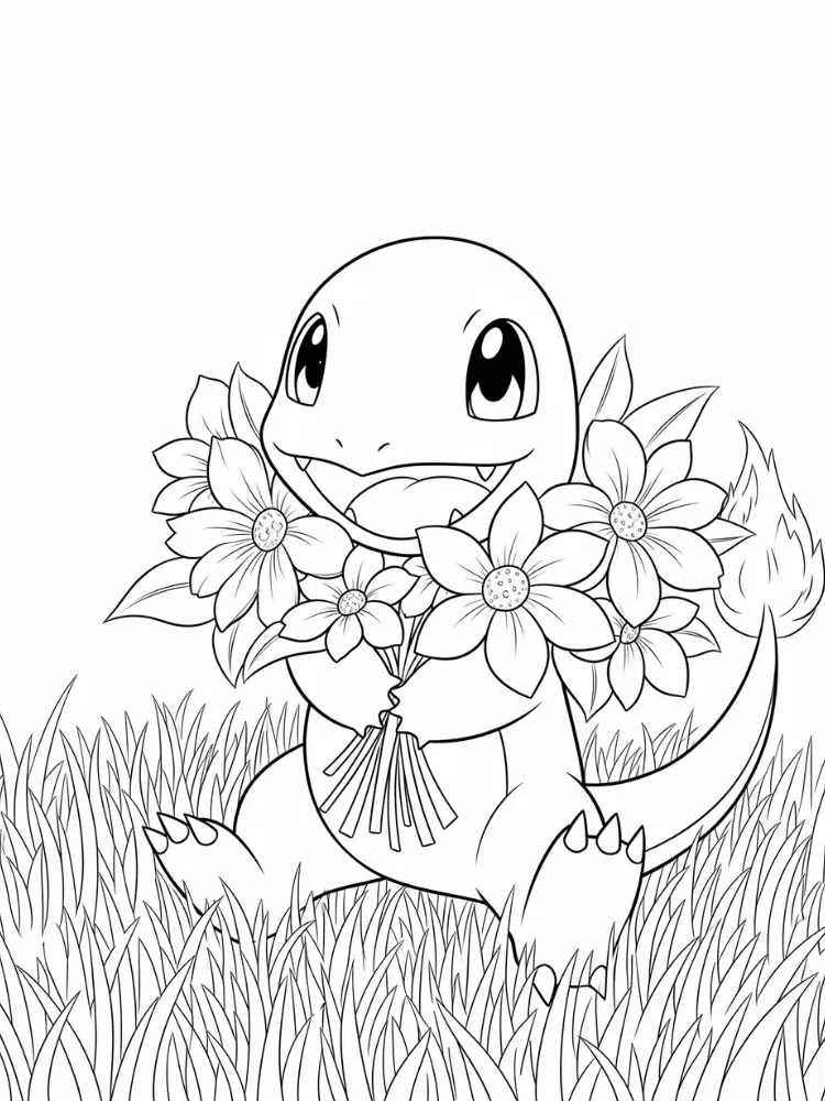 Charmander Kleurplaat 24 charmander met bloemen in het gras kleurplaat