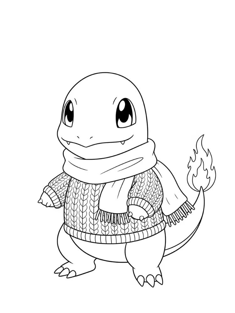 Charmander Kleurplaat 21 charmander met warme trui en sjaal kleurplaat