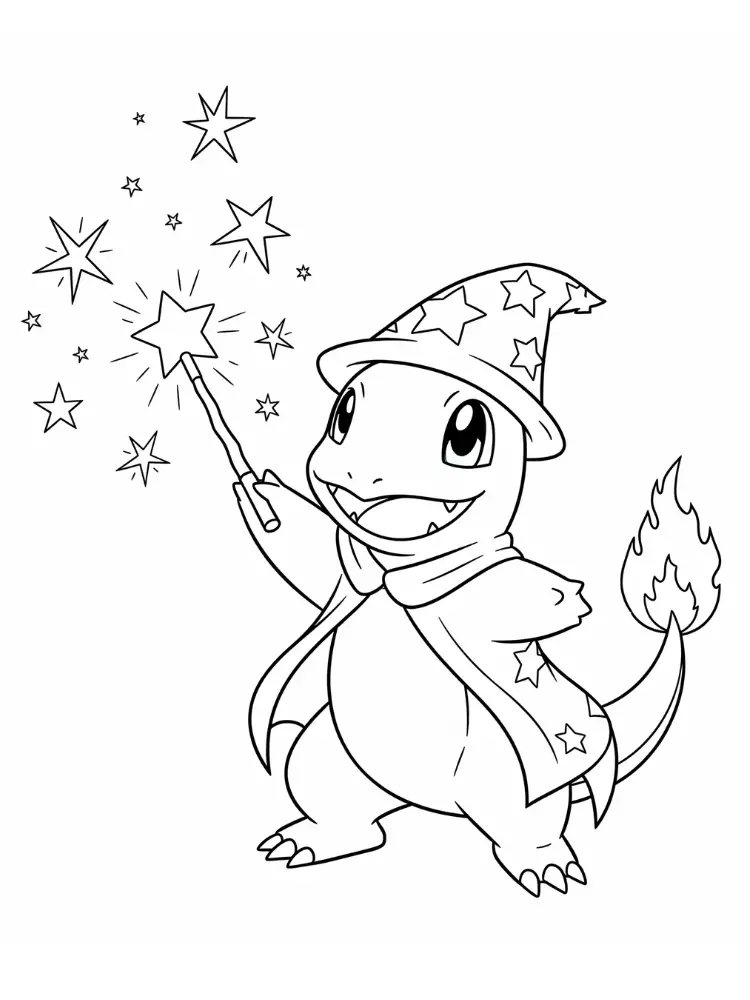 Charmander Kleurplaat 17 charmander tovenaar met toverstaf kleurplaat