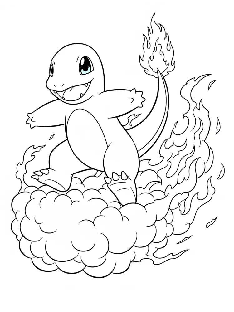 Charmander Kleurplaat 15 charmander vliegt op vuurwolk kleurplaat
