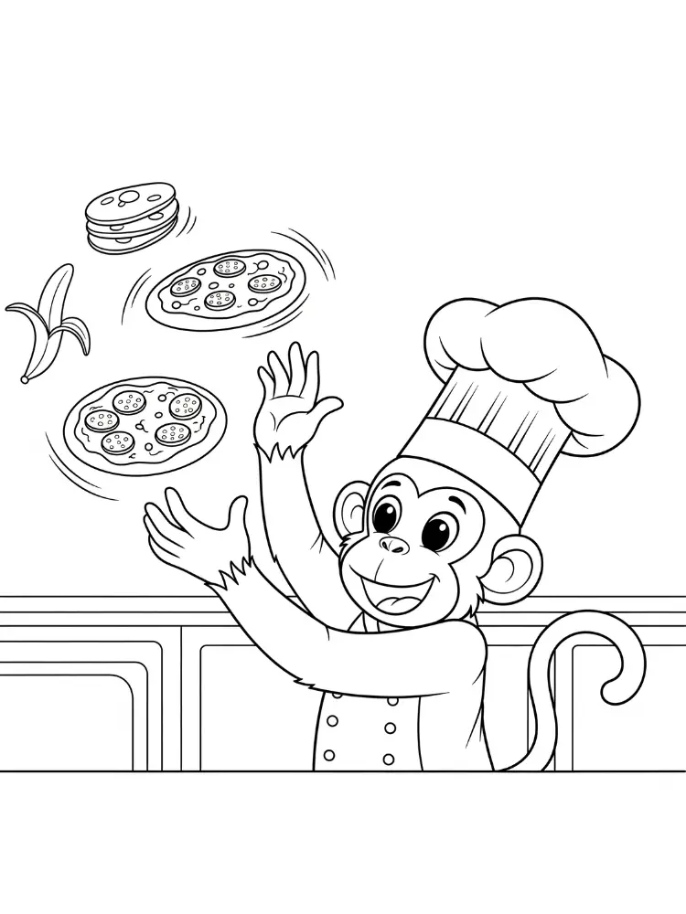Kleurplaat Aap 12 chef aap gooit pizza in de lucht kleurplaat