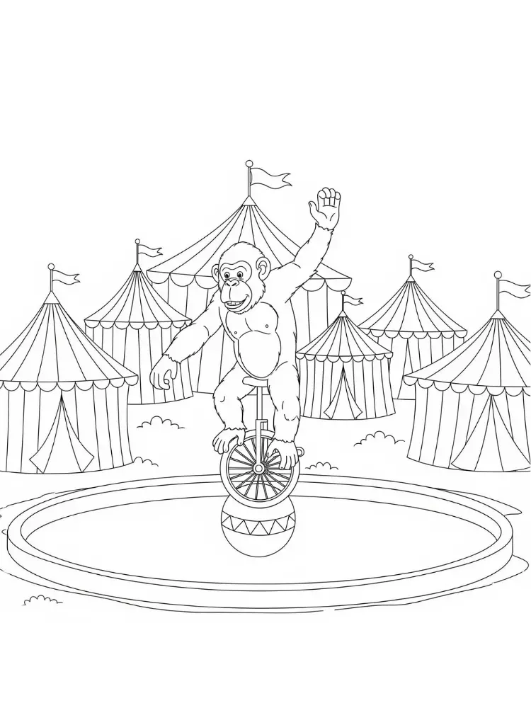 Kleurplaat Aap 13 circus aap op eenwieler kleurplaat