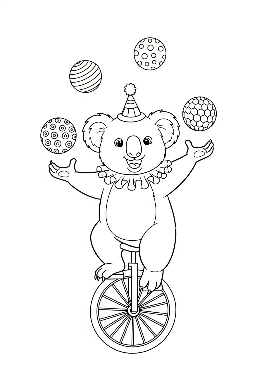 Kleurplaat koala 10 circus koala jongleert op eenwieler kleurplaat