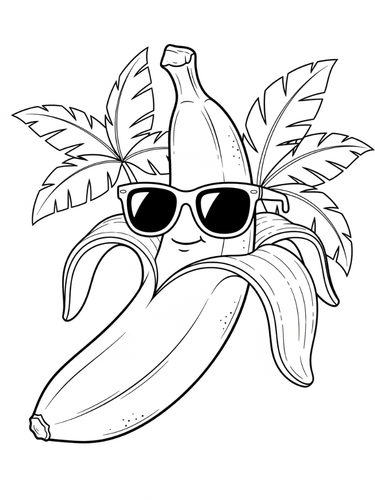 Banaan Kleurplaat 11 coole banaan met zonnebril en palmbladeren kleurplaat