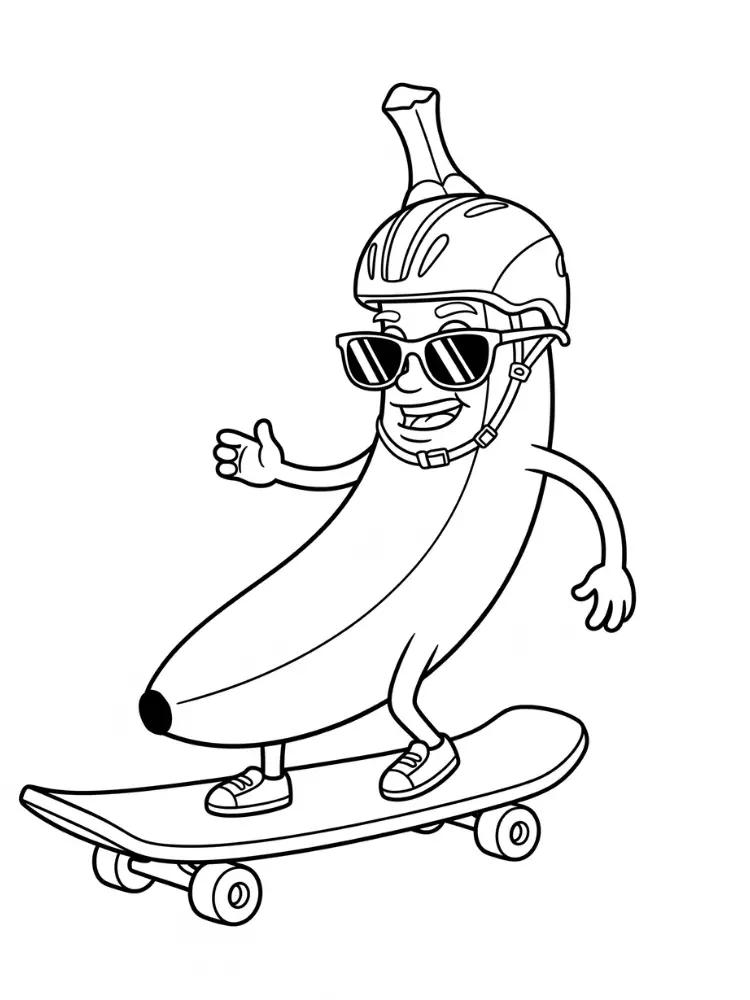 Banaan Kleurplaat 12 coole banaan op skateboard met helm kleurplaat