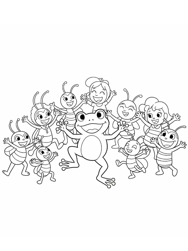 Kleurplaat Kikker 10 dansende kikker met insectenvrienden kleurplaat
