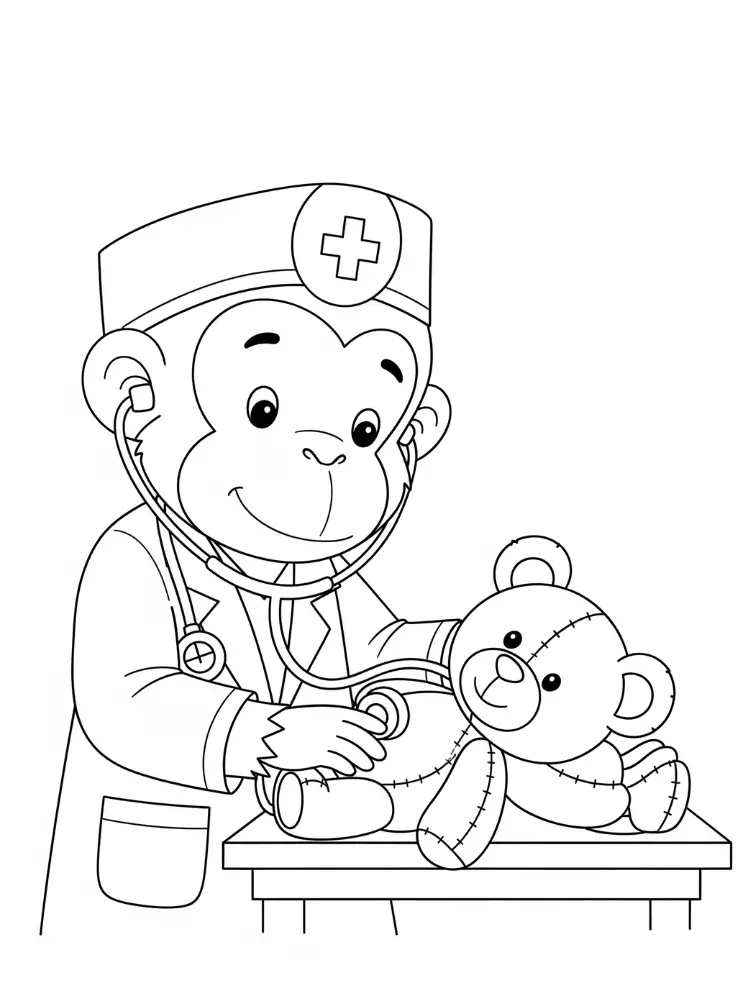 Kleurplaat Aap 24 dokter aap onderzoekt knuffel kleurplaat