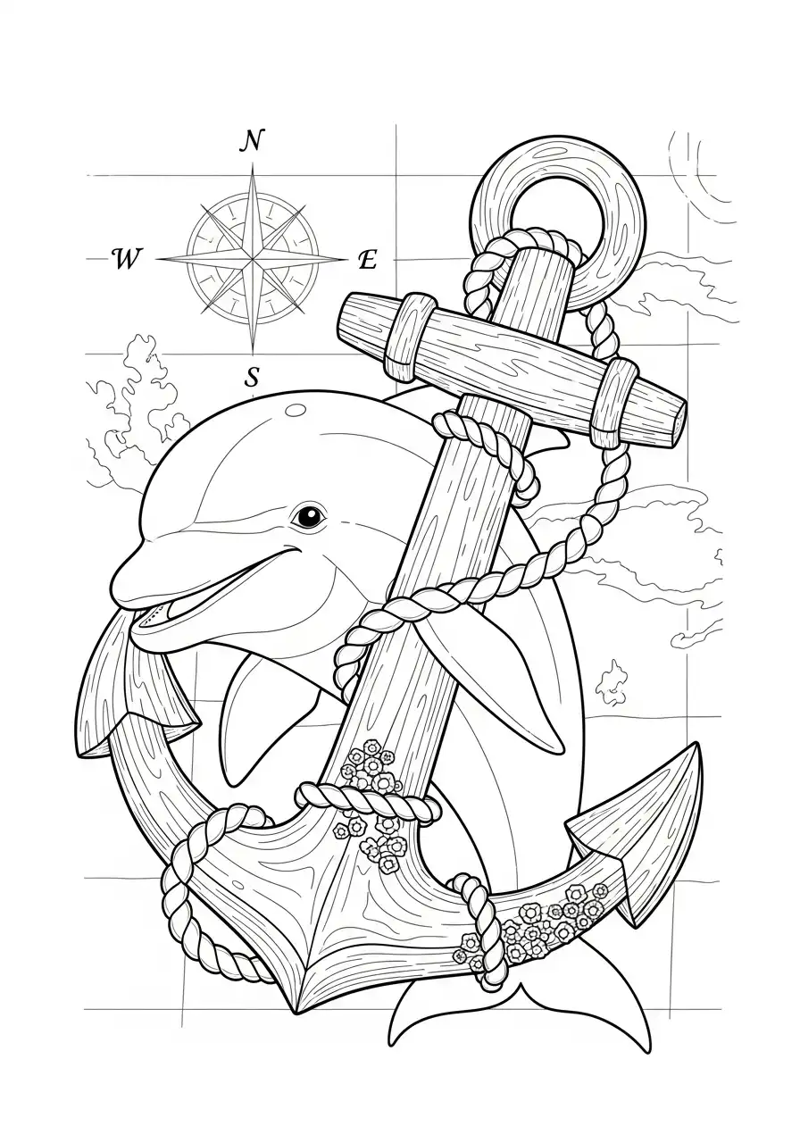 dolfijn met zeeanker en kompasroos kleurplaat