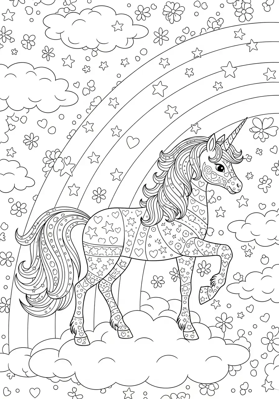 Kleurplaat Unicorn Regenboog 10 dromerige unicorn met sterren en regenboog kleurplaat