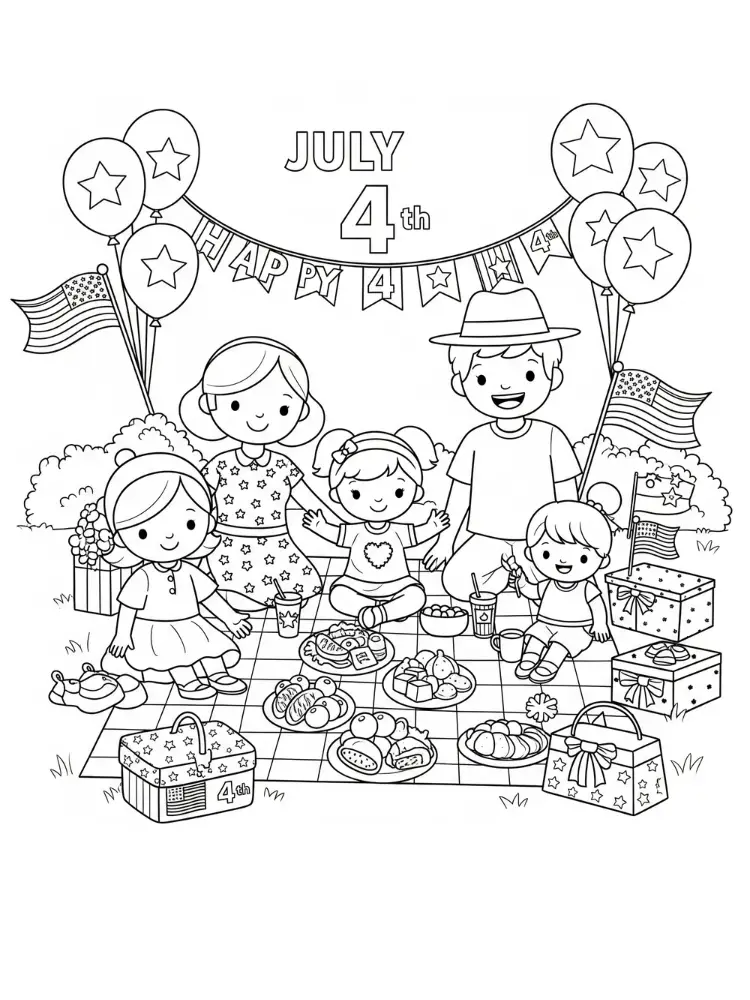 4th of July kleurplaat 12 familie picknick kleurplaat
