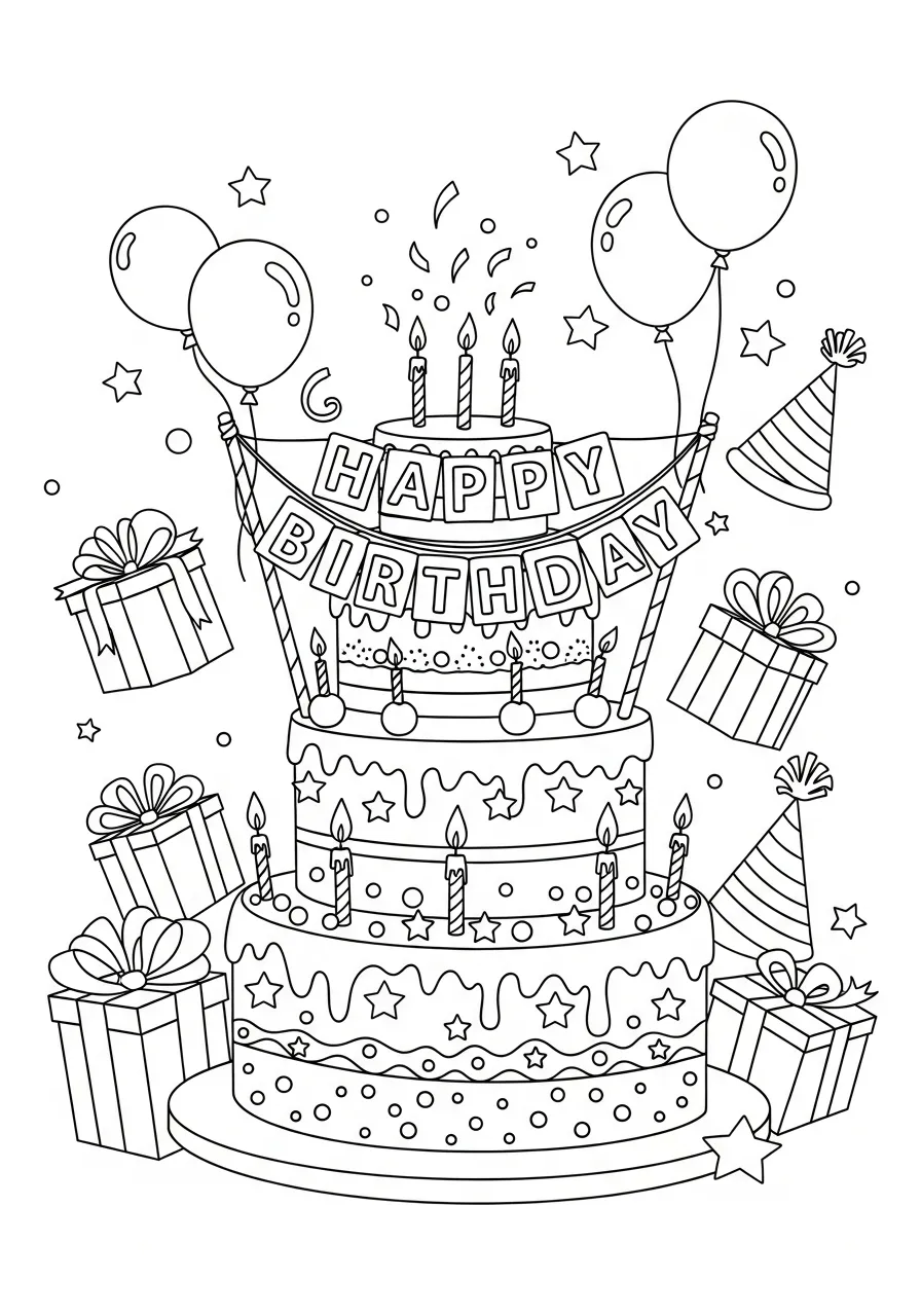 feestelijke verjaardagstaart met ballonnen kleurplaat