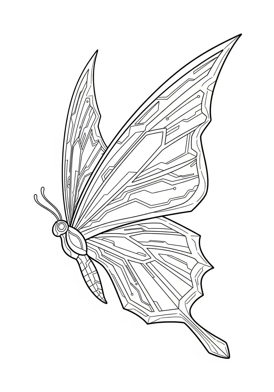 futuristische techno vlinder zijaanzicht kleurplaat