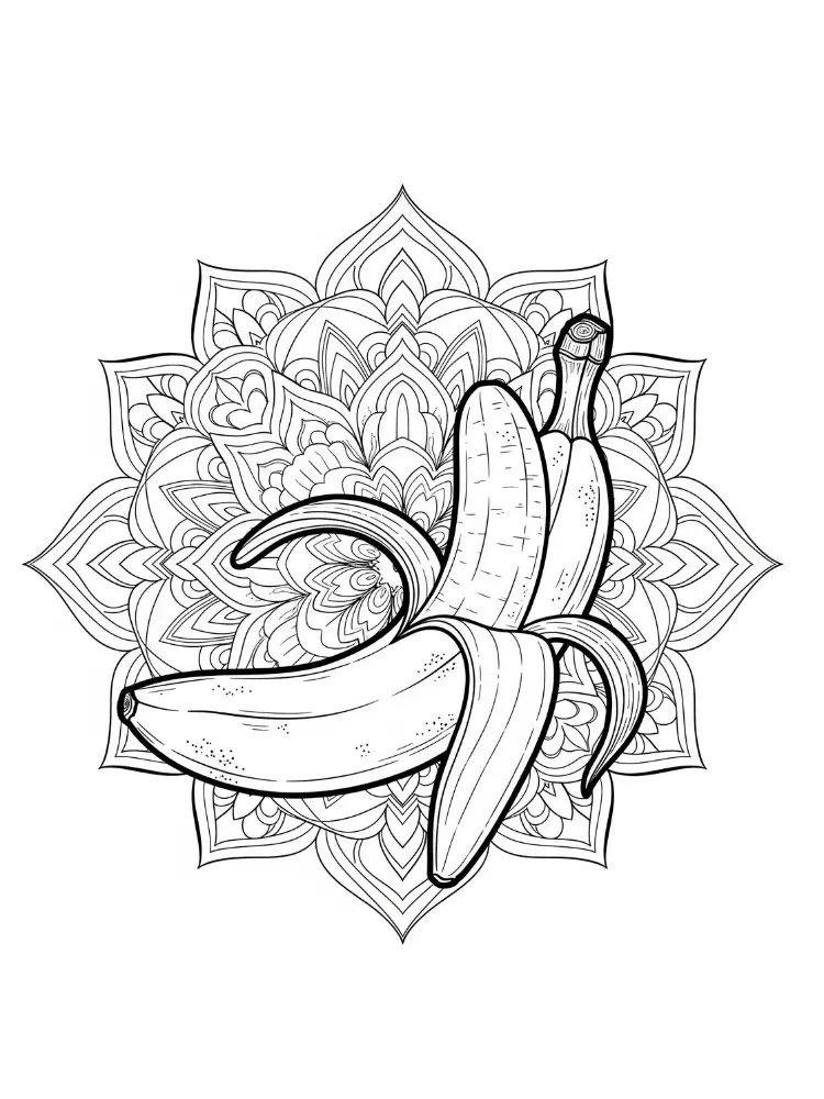 Banaan Kleurplaat 24 gedetailleerde banaan met mandala achtergrond kleurplaat