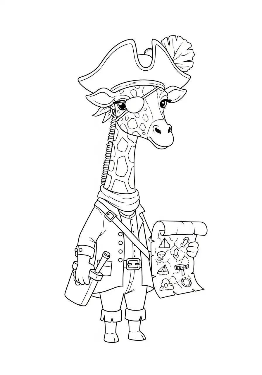 giraf piraat met schatkaart kleurplaat