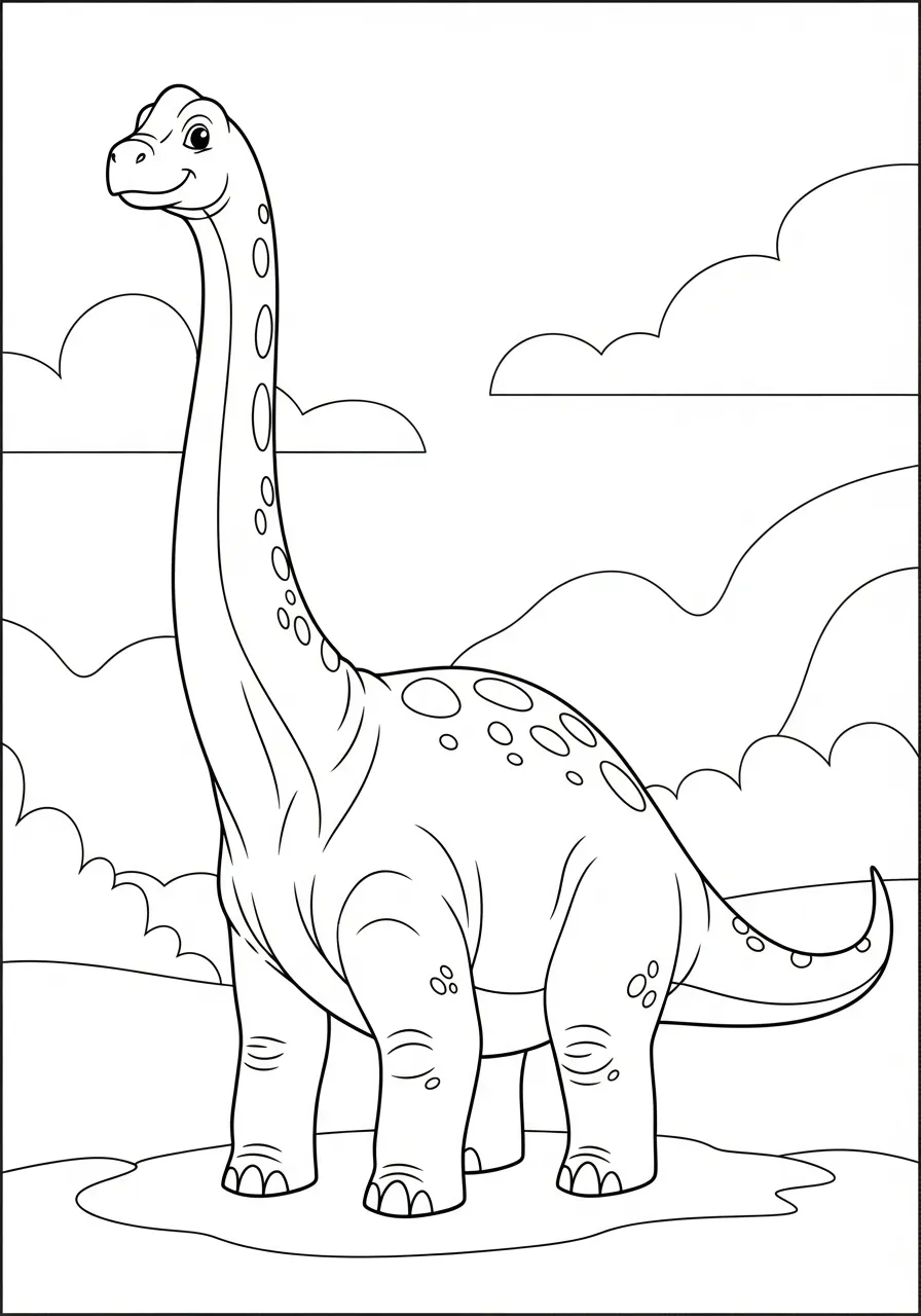 Kleurplaat Brontosaurus 8 glimlachende brontosaurus in de vallei Kleurplaat