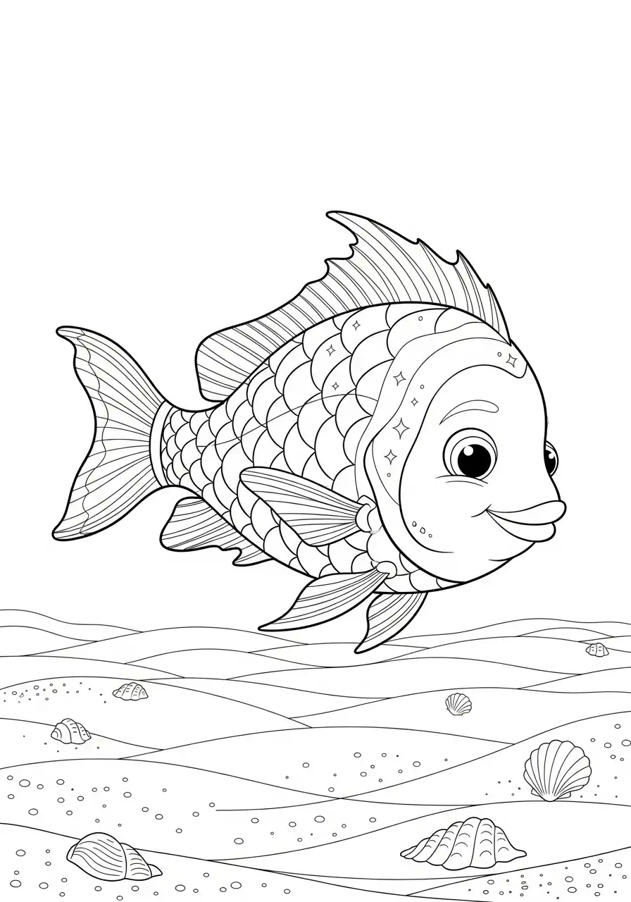 glimlachende cartoon vis schelpen kleurplaat