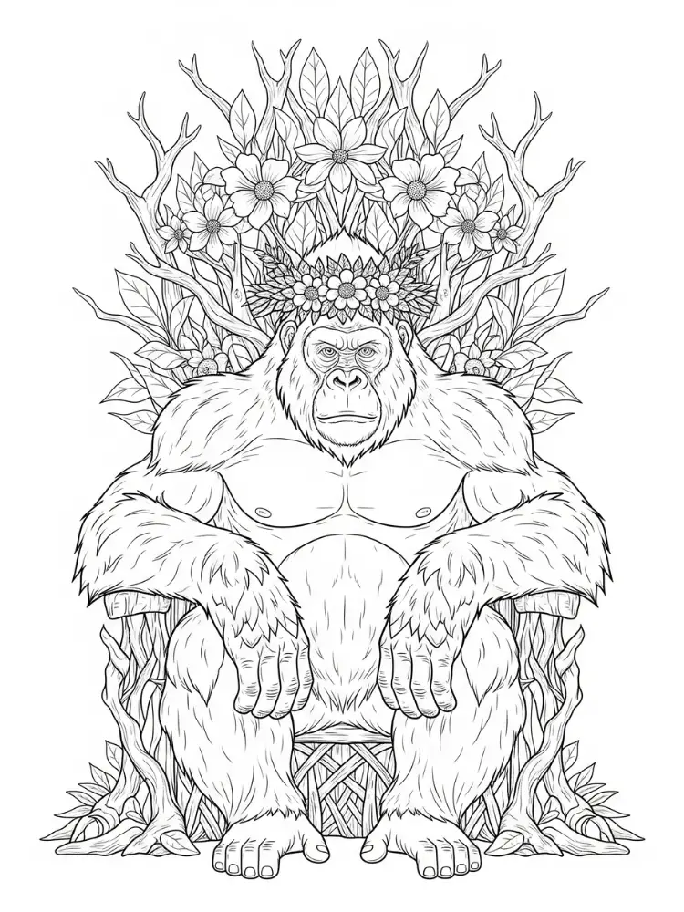 Kleurplaat Aap 23 gorilla op de troon kleurplaat