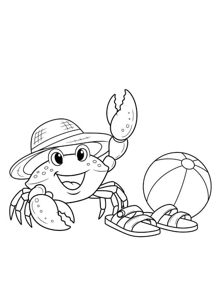 Kleurplaat van Strand 12 grappige krab met zonnehoed en balala kleurplaat