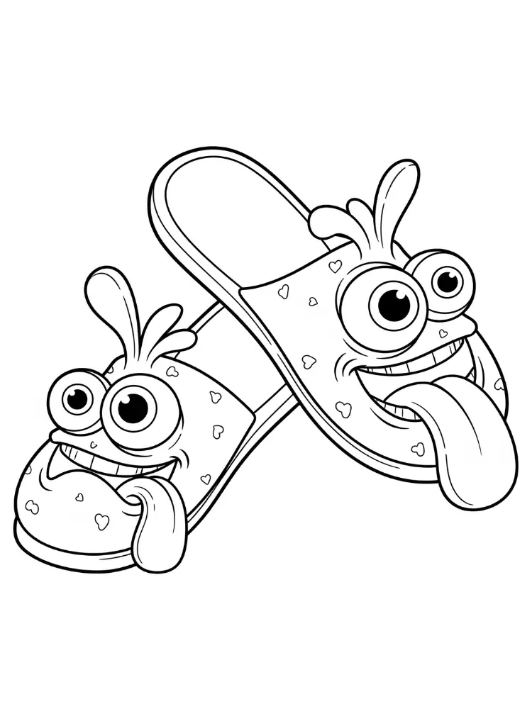 Kleurplaat Slippers 11 grappige slippers met tong en ogen kleurplaat
