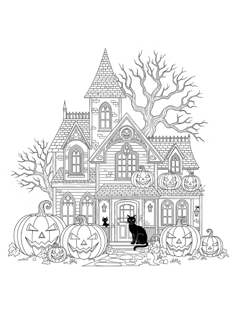 Kleurplaat Huis 11 griezelig halloweenhuis met pompoenen en katten kleurplaat