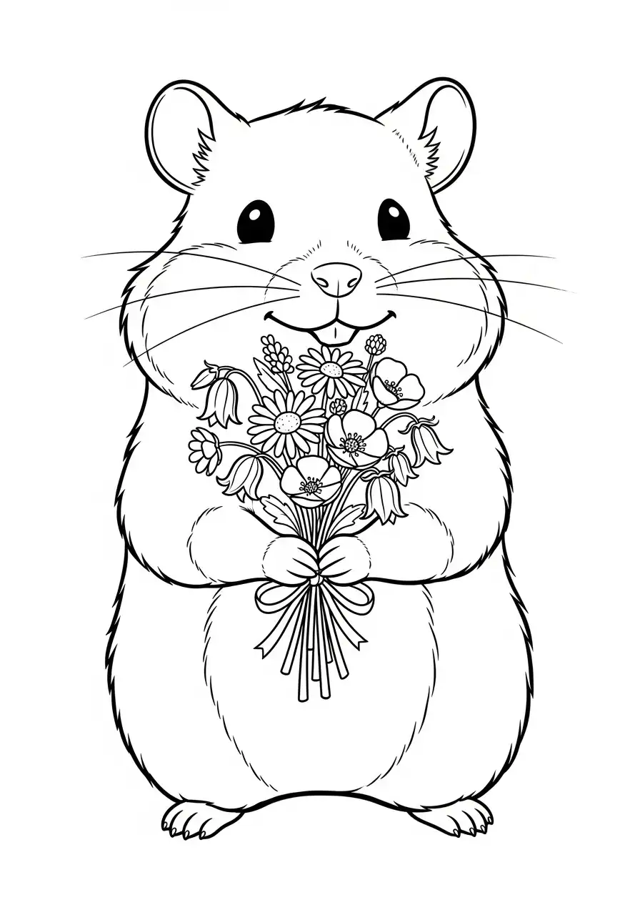 Kleurplaat Hamster 8 hamster met bloemenboeket lente kleurplaat