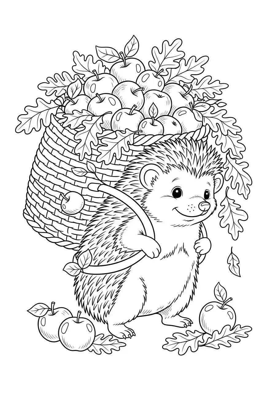 herfst egel met appelmand op rug kleurplaat