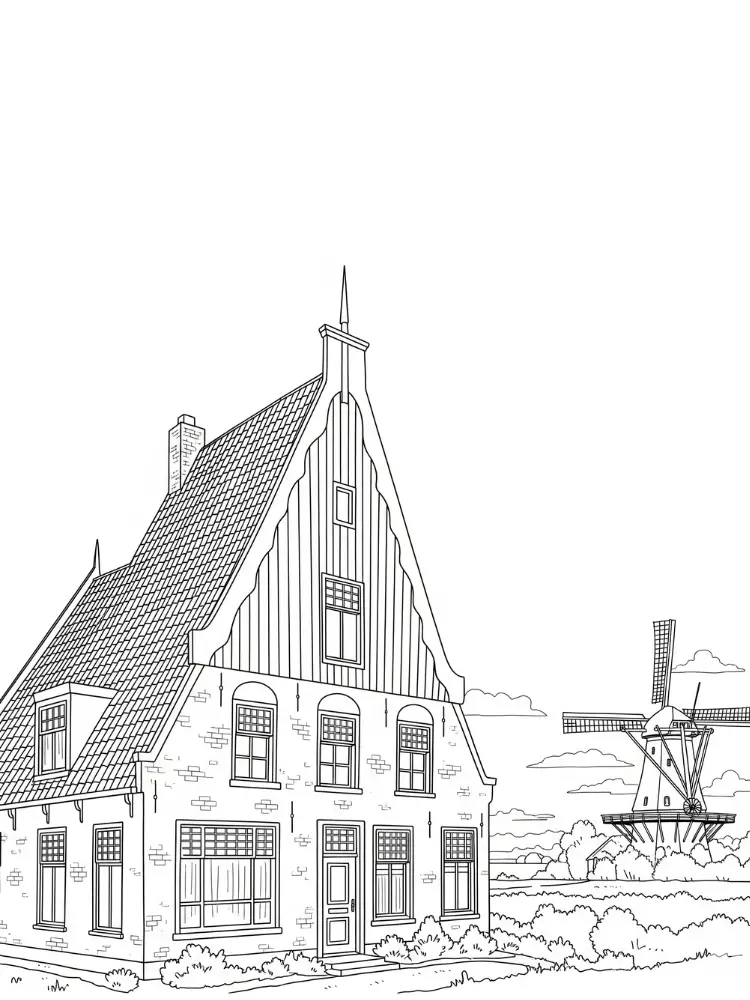 Kleurplaat Huis 13 hollands huis met molen op de achtergrond kleurplaat