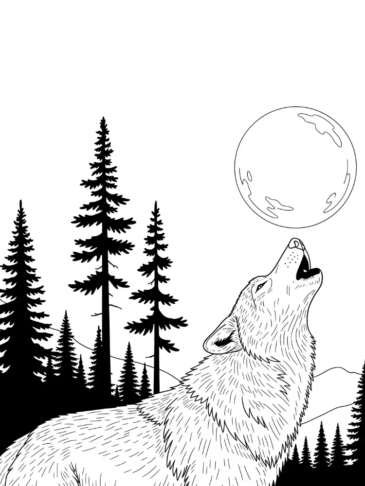 Wolf kleurplaat 8 huilende wolf bij volle maan kleurplaat