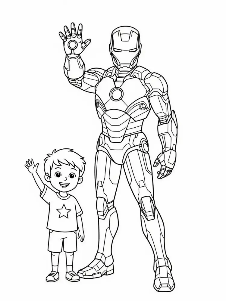 Kleurplaat Iron Man 11 ironman en jongen groeten kleurplaat