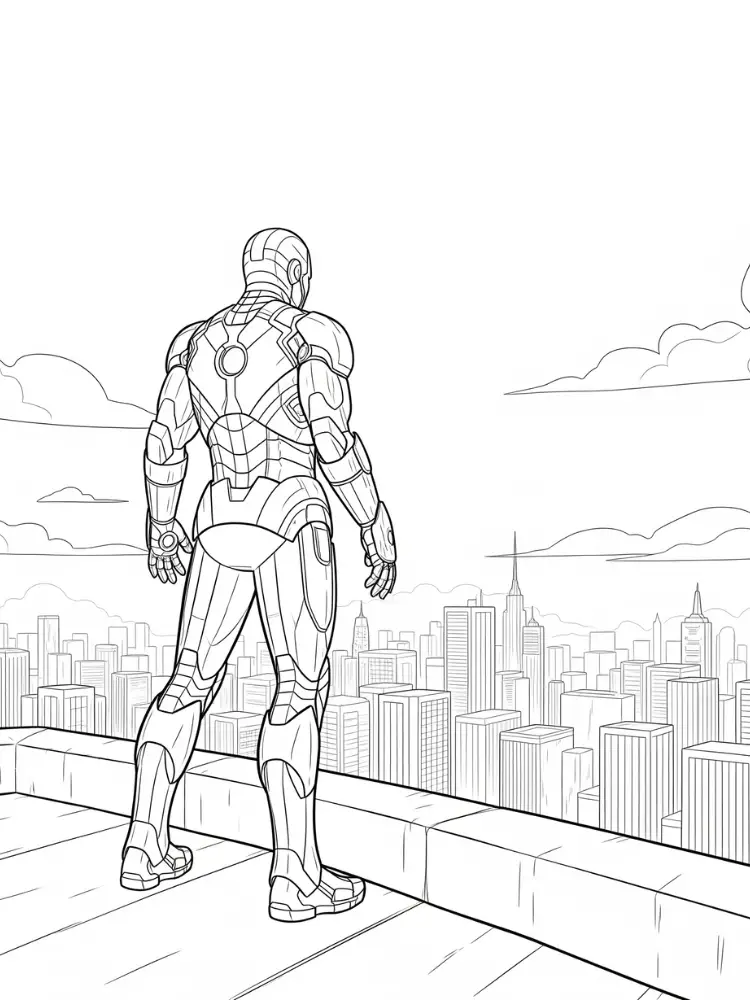 Kleurplaat Iron Man 21 ironman op dak uitzicht stad kleurplaat